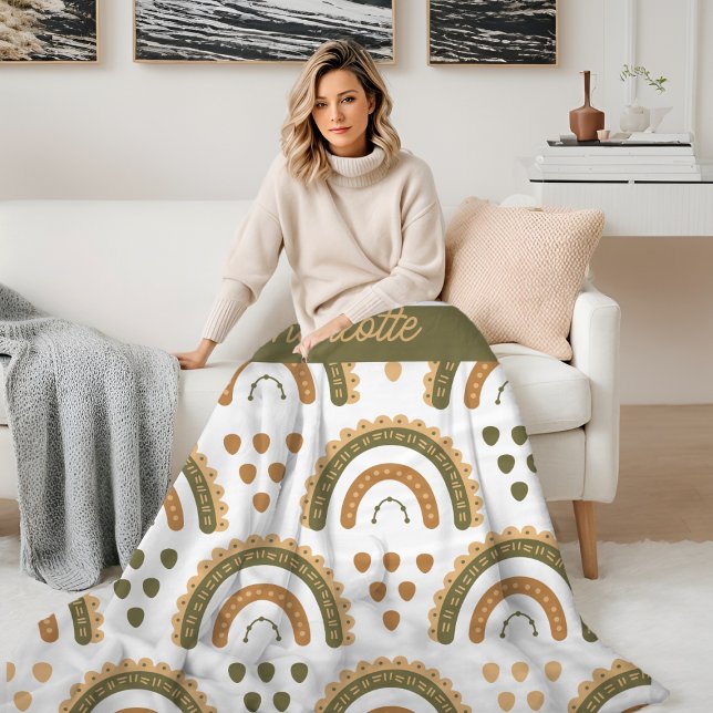 Cobertor De Velo Rainbow Boho Branco Personalizado (Rainbow Boho Personalized Green White Brown Fleece Blanket from Ricaso. Great custom gift idea )