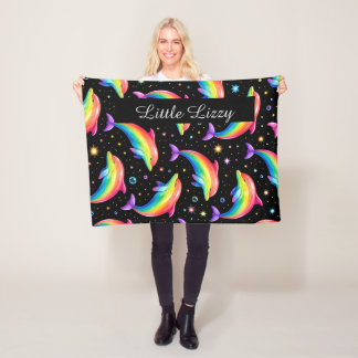 Cobertor De Velo Rainbow Dolphin Fleece Blanket – Kids Custom Name