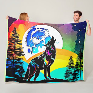 Cobertor De Velo Rainbow Lunar Wolf Howl Art