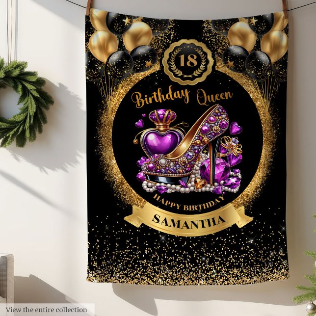 Cobertor De Velo Rainha Dourada Negra de Aniversário de Alto Salto  (Black Gold Birthday Queen High Heels Purple Fleece Blanket )