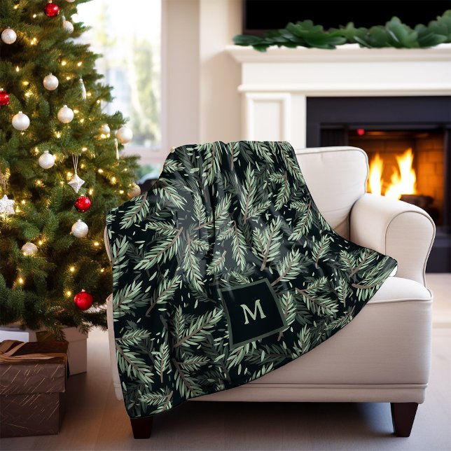 Cobertor De Velo Ramificações de Natal Elegantes em preto com monog (A stylish holiday blanket with Christmas pine branches and your monogram, on a dark background)