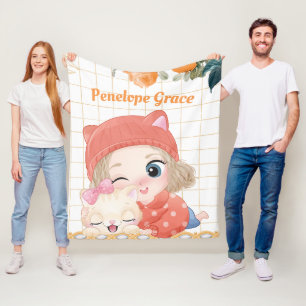 Cobertor De Velo Rapariga Jovem e Rosas Laranja Gato + Nome Persona