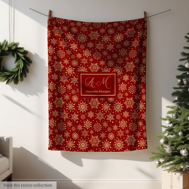 Cobertor De Velo Red and Gold Snowflakes Personalized Christmas (Personalized Throw Blanket Red Gold Luxe Christmas)