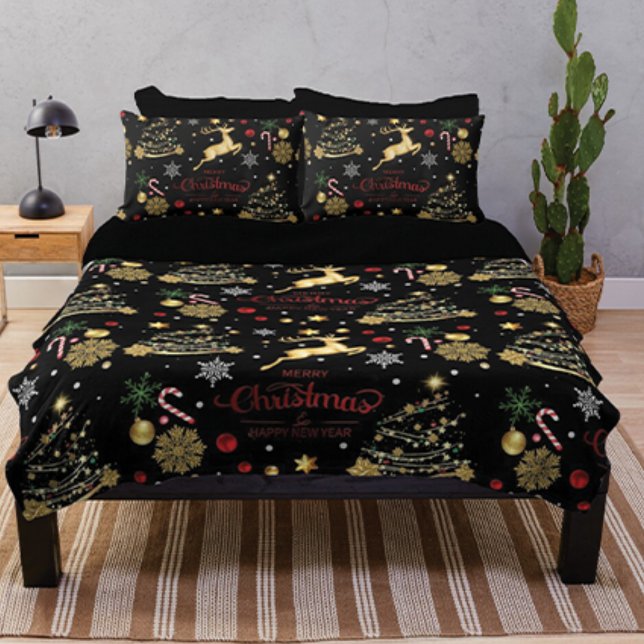 Cobertor De Velo Red Dourado Reindeer Feliz Árvore de Natal (Criador carregado)