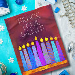 Cobertor De Velo Red Hanukkah Menorah vela paz amor negrito<br><div class="desc">"Paz, amor e luz." Uma ilustração lúdica, moderna e artística das velas de padrão de feto em uma menorah ajuda você a lançar no feriado de Chanucá. Velas azuis cortadas com padrões coloridos de folha de alumínio sobrepõem-se a um fundo de textura laranja vermelho, rico e profundamente queimado. Sinta o...</div>