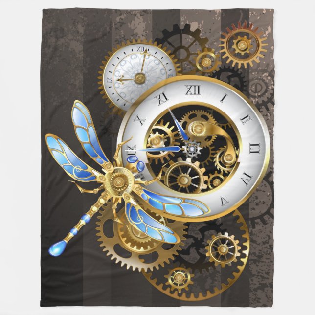 Cobertor De Velo Relógio Steampunk com Libélula Mecânica (Frente)