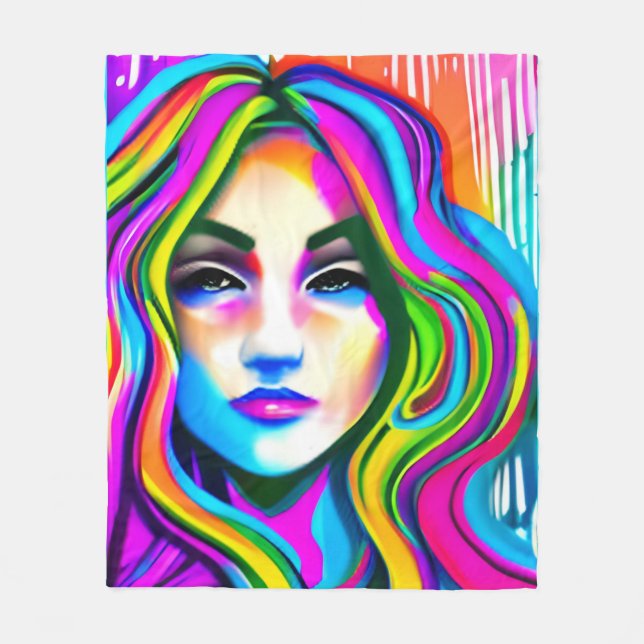 Cobertor De Velo Retrato Retro de uma Mulher com Cabelo Arco-íris (Frente)