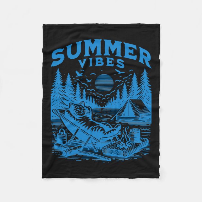 Cobertor De Velo Retro 90s Summer Vibes Cat Acampando Meme Gato Eng (Frente)