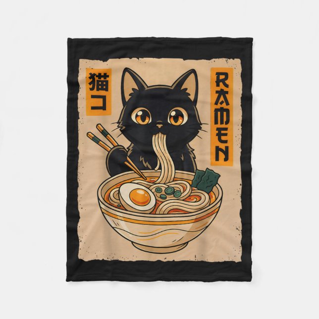 Cobertor De Velo Retro Anime Kawaii Black Cat Eating Ramen Noodles  (Frente)