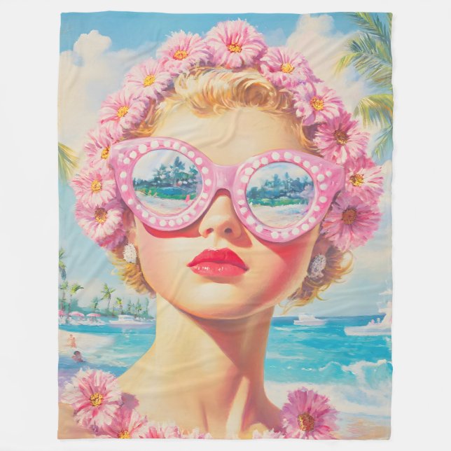 Cobertor De Velo Retro Beach Girl com óculos de sol florais (Frente)
