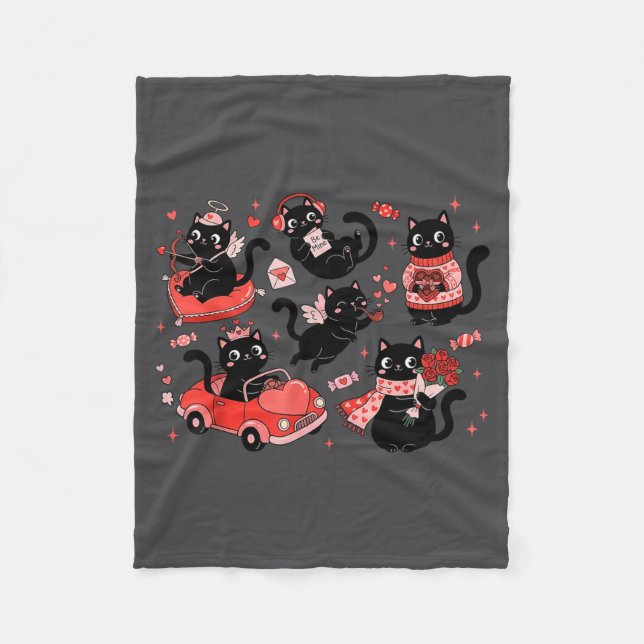 Cobertor De Velo Retro Black Cat Heart Valentines Day Cute Kitten L (Frente)