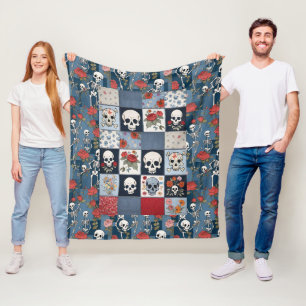 Cobertor De Velo Retro Denim Patchwork with Rosa Skulls Skeletons
