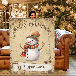 Cobertor De Velo Retro Vintage Snowman Personalizado Feliz Natal