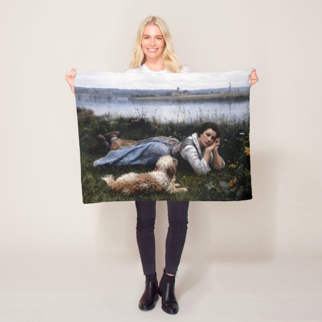 Cobertor De Velo Reverioso (Garota deitada na grama com seu cachorr (In Situ)