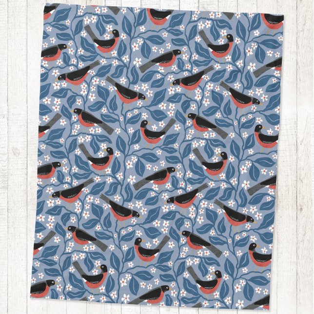 Cobertor De Velo Roberto-americano Flor de Maçã Pássaro Flor (American robin redbreast apple blossom bird flower arts and crafts style block print fleece blanket)