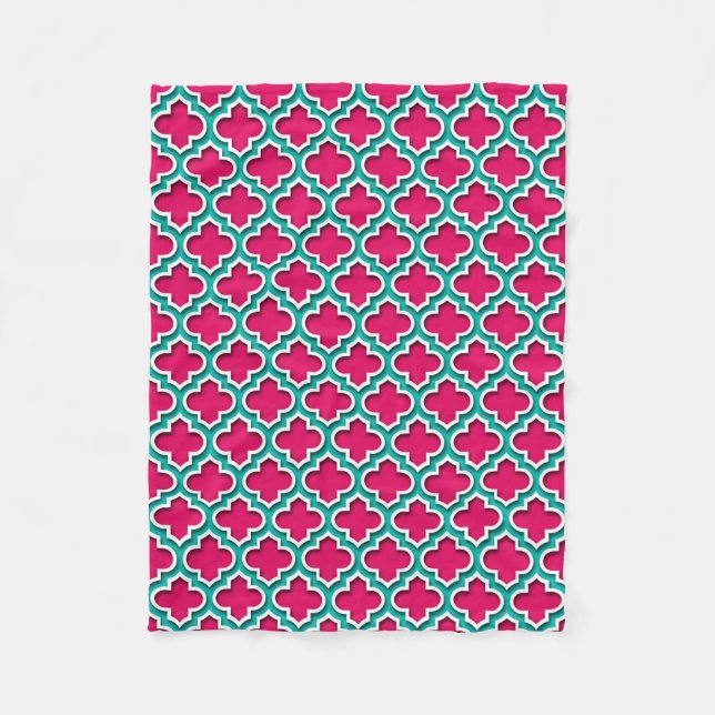 Cobertor De Velo Rosa Azul-petróleo Branco Quatrefoil Marroquino #5 (Frente)