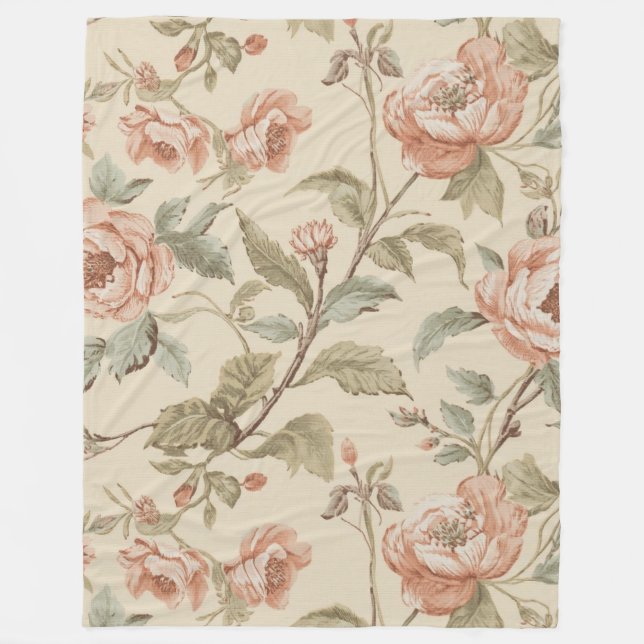 Cobertor De Velo Rosa Bege Sage Verde Floral Shabby Chic (Frente)