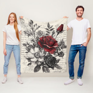 Cobertor De Velo Rosa Preta Vermelha Flores de Manuscrito Antigo