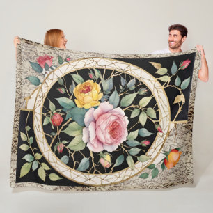 Cobertor De Velo Rosas e laço com preto e Dourado
