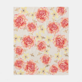 Cobertor De Velo Rosas Florais Rosa e Amarelo em Fundo de Abelhas D