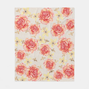 Cobertor De Velo Rosas Florais Rosa e Amarelo em Fundo de Abelhas D