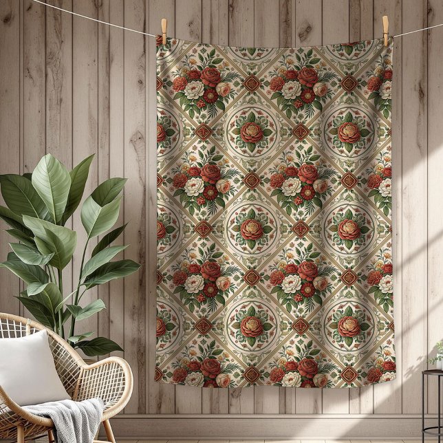 Cobertor De Velo Rosas vermelhas e Azulejos Românticos de Jogar Chi (Romantic Shabby Chic Throw Red Roses and Tiles Fleece Blanket)