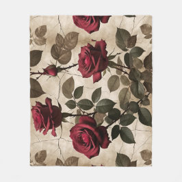 Cobertor De Velo Rosas Vermelhas Profundas Com Folhas Verde Escuro