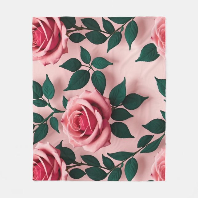 Cobertor De Velo Rosas Vermelhas Vibrantes Com Folhas Verde-Escuras (Frente)