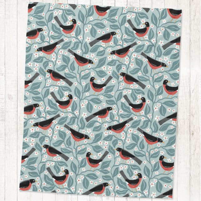 Cobertor De Velo Roxo-americano Flor de Maçã Pássaro Flor Verde (American Robin redbreast bird apple blossom branches flower arts and crafts style block print fleece)