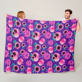 COBERTOR DE VELO ROXO COM ABÓBORAS E GIRASSÓIS ROSA BRILHANTE
