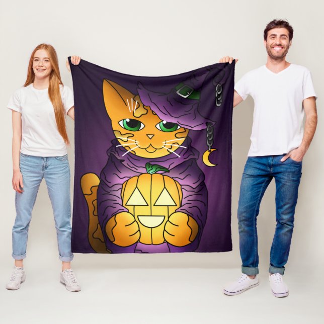 Cobertor De Velo Roxo Halloween Bruxa Gato Fleece Blanket (In Situ)