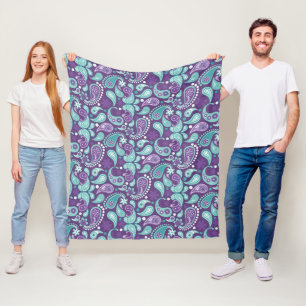 Cobertor De Velo Roxo Xadrez Paisley Desbotado e Azul Claro