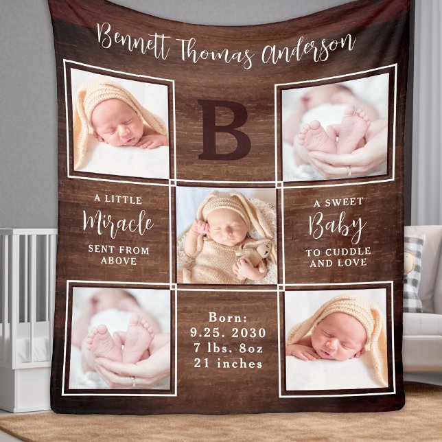 Cobertor De Velo Rustic Personalized 5 Photo Collage New Baby (Criador carregado)