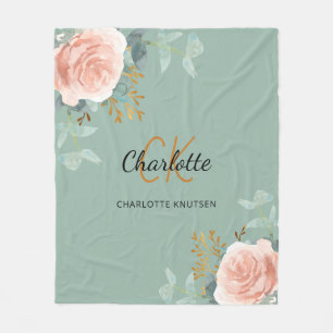Cobertor De Velo Sage green pink floral verde-verde nome do monogra