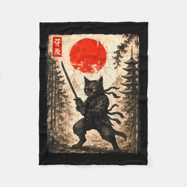 Cobertor De Velo Samurai Cat Japanese Mens Boys Kids Graphic Anime  (Frente)