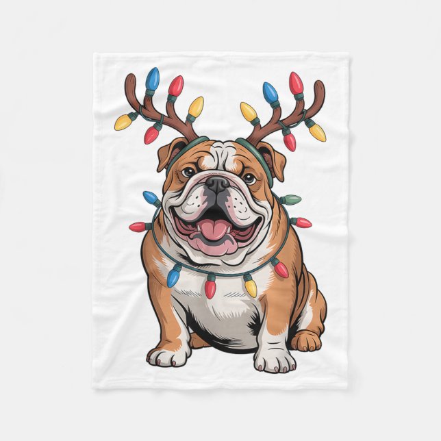 Cobertor De Velo Santa English Bulldog Reindeer Light Christmas  (Frente)