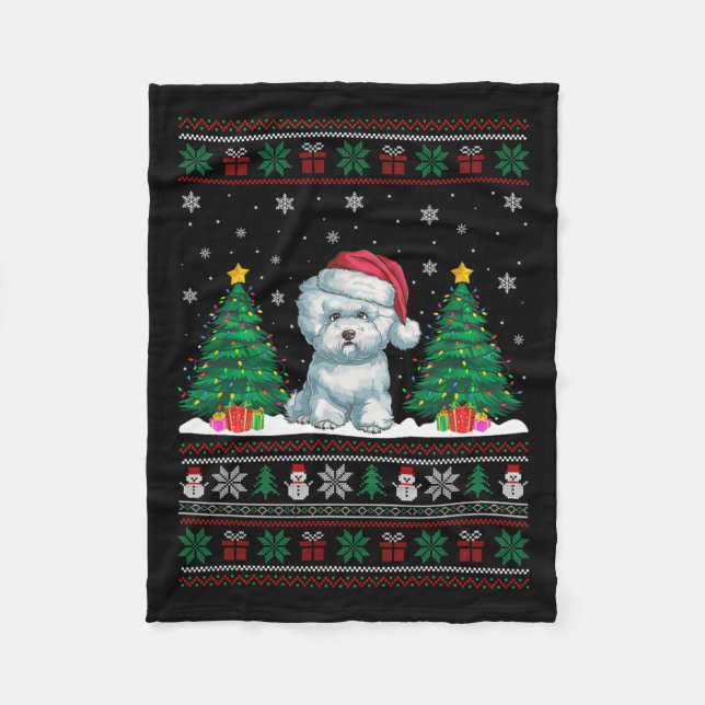 Cobertor De Velo Santa Hat Bichon Frise Cog Xmas Tree Luzes Feias (Frente)
