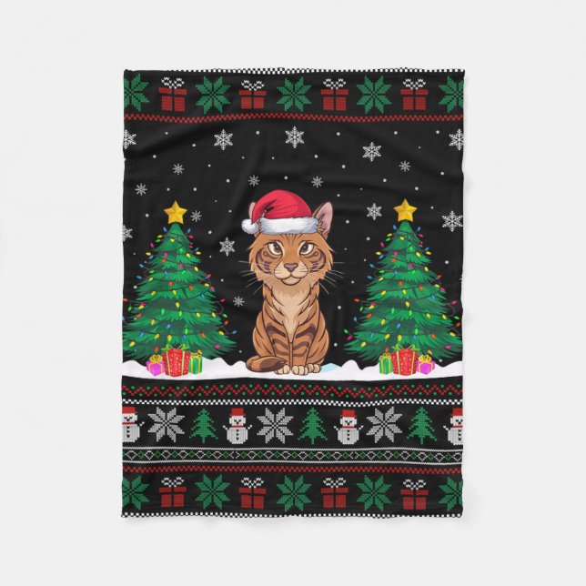 Cobertor De Velo Santa Hat Savannah Cat Árvore de Natal Luzes Feias (Frente)