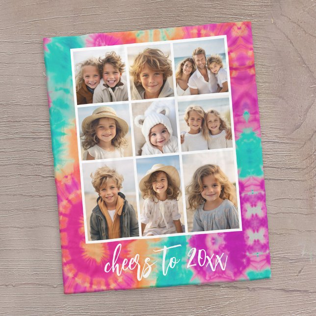 Cobertor De Velo Saúde ao Ano Novo Tie-Dye Teal 70s (A tie dye design with 9 photos and a place to add text)