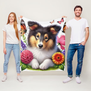 Cobertor De Velo Shetland Sheepdog com Flores e Borboletas