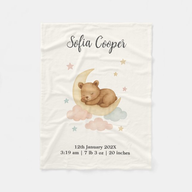 Cobertor De Velo Sleeping Bear and Moon Birth Stats Baby Blanket (Frente)