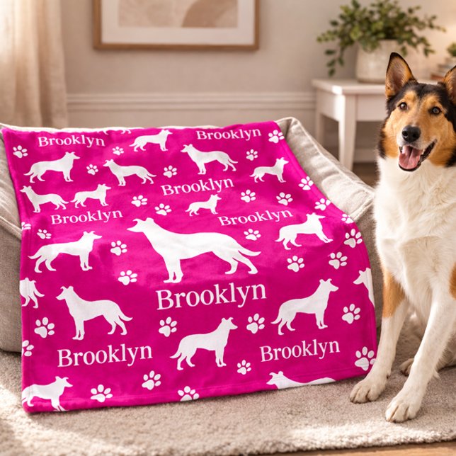 Cobertor De Velo Smooth Collie Personalized Dog Blanket Bright Pink (Collie - smooth hair personalized blanket with collie name. Large blanket in pink shown here)