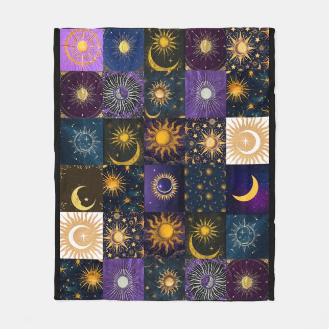 Cobertor De Velo Sol Celestial Fases da Lua Remendo Boho Místico (Frente)