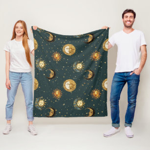 Cobertor De Velo Sol Dourado Celestial Lua Estrelas Azul Meia-Noite
