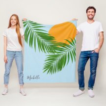 Sol Tropical Retro Folhas de Palmeira Azul Nome Mí