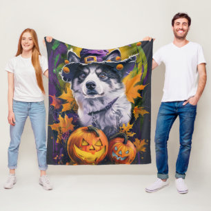 Cobertor De Velo Spooky Akita Halloween Witch e Pumpkin