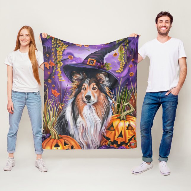 Cobertor De Velo Spooky Shetland Sheepdog Halloween Pumpkin (In Situ)