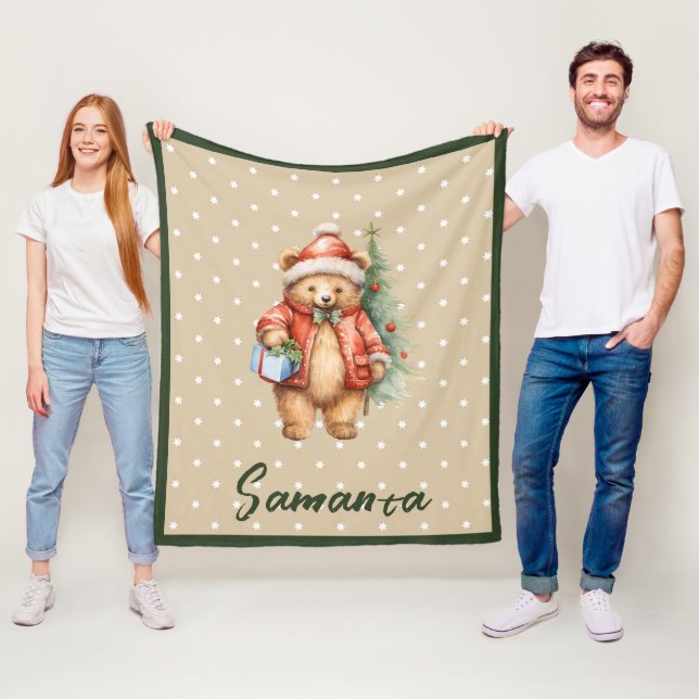 Cobertor De Velo Star pattern christmas bear green beige name (In Situ)