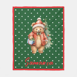 Cobertor De Velo Star pattern christmas bear green red name