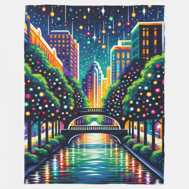 Cobertor De Velo "Starry Night Cityscape: San Antonio Riverwalk" (Frente)